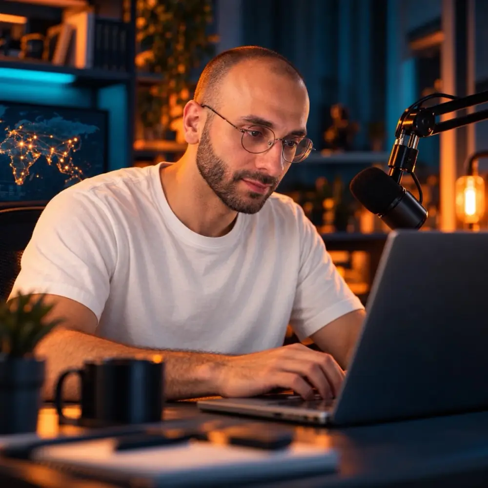 Blockchain Sam working in his studio