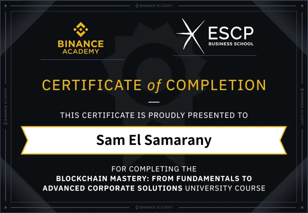 Binance Academy × ESCP certificate for Sam El Samarany