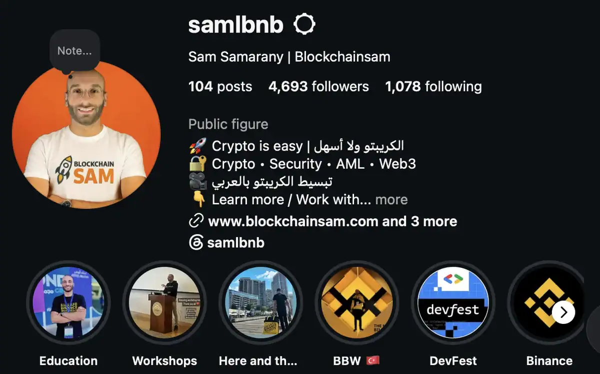 Blockchain Sam Instagram profile: 4,693 followers