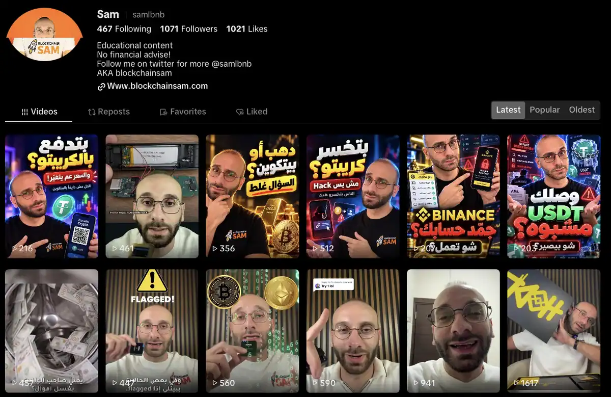 Blockchain Sam TikTok profile: 1,071 followers